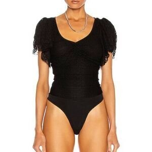 NWT Cinq à Sept Taylor Lace Flutter Sleeve Scoop Neck Bodysuit Black sz XXS